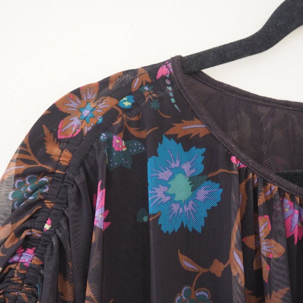 !! Free People Black Wildflower Honey Floral Long Sleeve Lined Mesh Top - Picture 6 of 8
